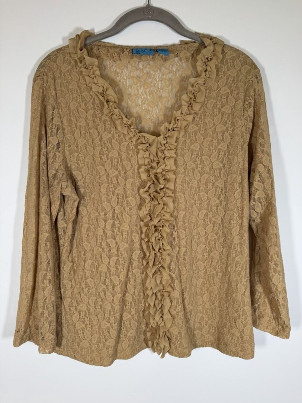Vintage Y2K TeeCo beige stretch lace ruffle Lorelai Gilmore blouse XL retro glam